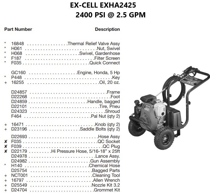 EX-CELL model EXHA2425 power washer parts